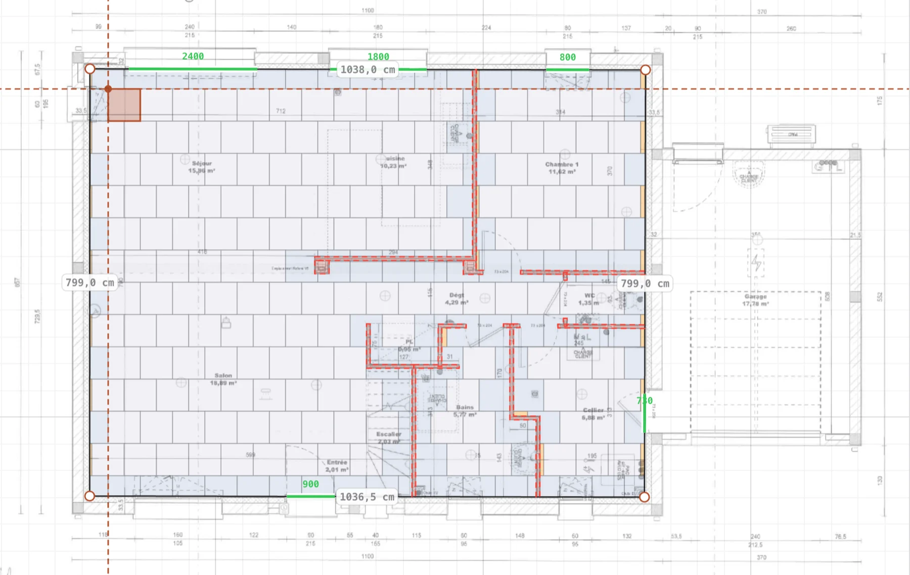 Real ground floor with whole tiles and perimeter cuts shown in a half-offset layout